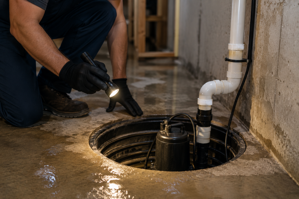 Plumber inspecting a failed sump pump in a Rochester, NY basement