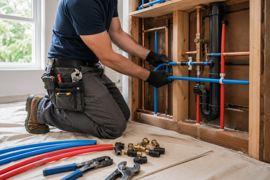 Plumber installing new PEX piping during a whole-house repipe in Rochester, NY