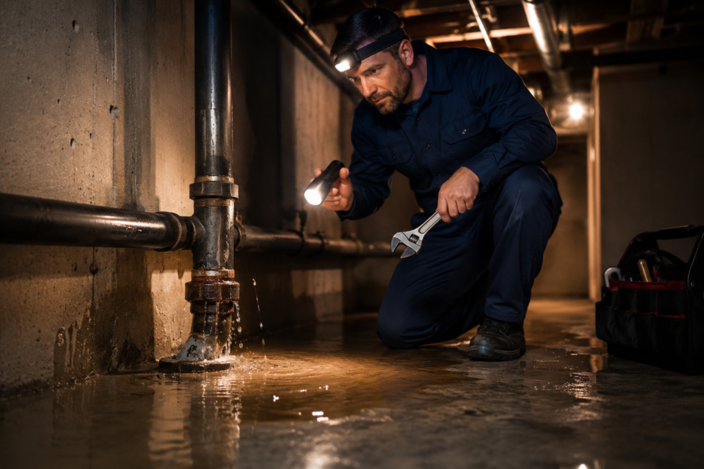 24-hour emergency plumber responding to a burst pipe call in Rochester, NY