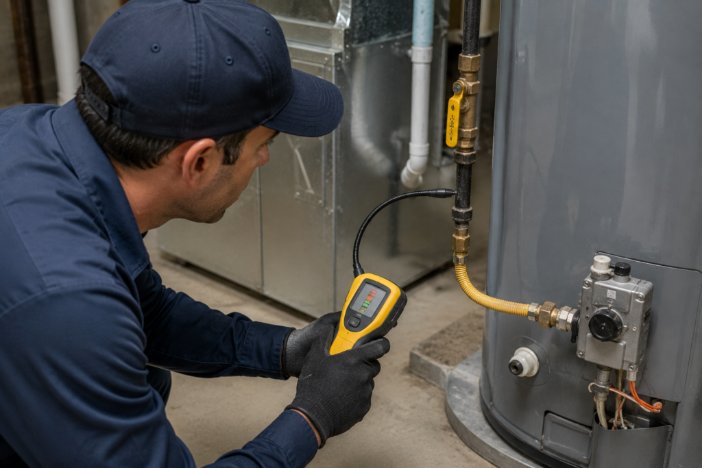 Licensed plumber inspecting a gas line connection in a Rochester, NY home